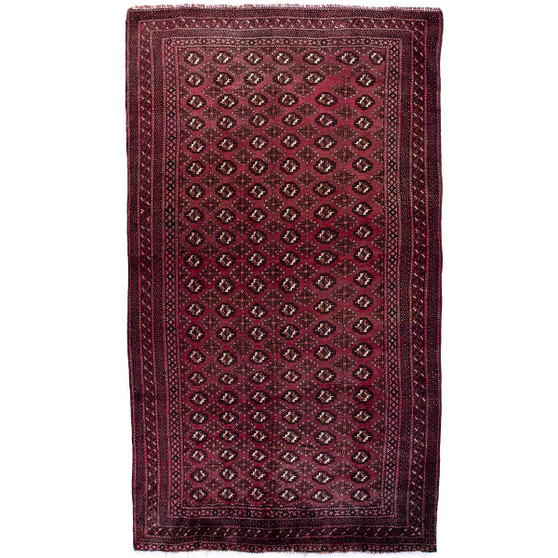 Turkmen Persian Rug 9x5 ft - Semi Antique Geometric Crimson, Navy Blue Hand Knotted | front view | SKU 112584