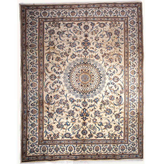Nain Persian Rug 12'12" x 9'6" - Semi Antique Medallion Cream, Beige Hand Knotted | front view | SKU 112586