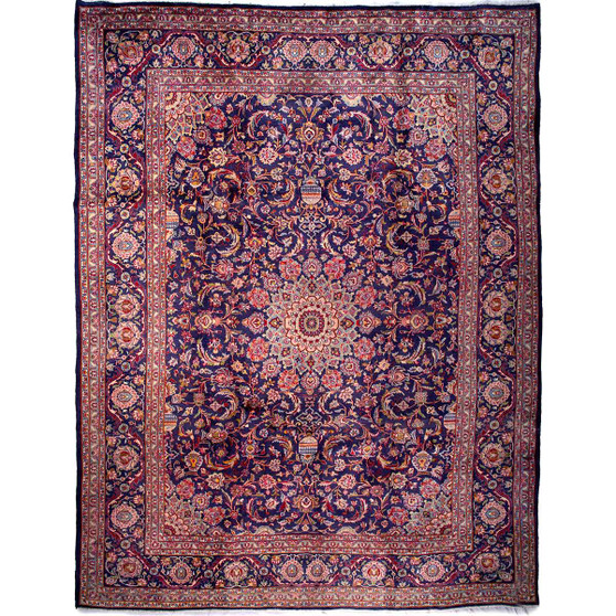 Kashmar Persian Rug 12'8" x 9'6" - Semi Antique Afshan Crimson, Ivory Hand Knotted | front view | SKU 112605