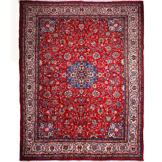 Mahal Persian Rug 13'1" x 9'10" - Semi Antique Medallion Ivory, Pink Hand Knotted | front view | SKU 112607