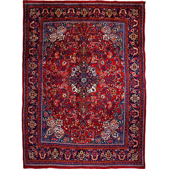 Sarouk Persian Rug 13x9 ft - Semi Antique Medallion Red, Blue Hand Knotted | front view | SKU 112609