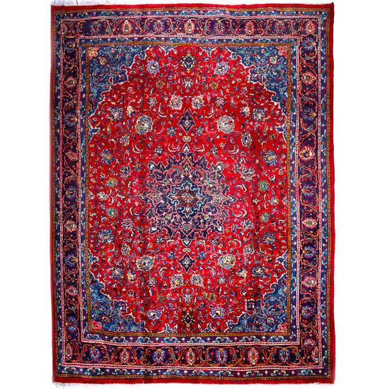 Mahal Persian Rug 13x9 ft - Semi Antique Medallion (Toranj), Shah Abbasi Madder Red, Navy Blue, Burgundy Hand Knotted | front view | SKU 112628
