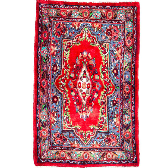 Sarouk Persian Rug 4'11" x 3'0" - Semi Antique Medallion Red, Blue Hand Knotted | front view | SKU 112629