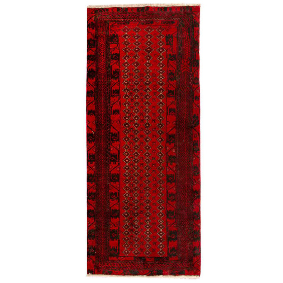 Baluch Persian Rug 6'7" x 2'7" - Semi Antique Mihrab Red, Blue Hand Knotted | front view | SKU 110119