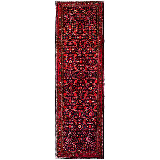 Hamadan Persian Rug 14'3" x 3'11" - Semi Antique Afshan Red, Blue Hand Knotted | front view | SKU 112635