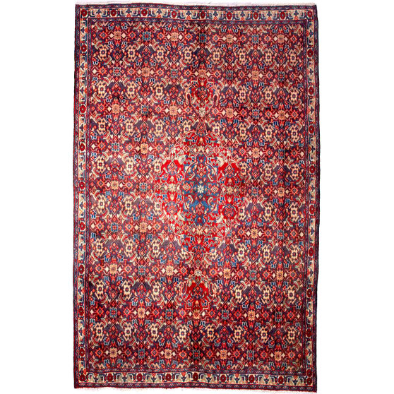 Arak Persian Rug 8x5 ft - Semi Antique Medallion Crimson, Red Hand Knotted | front view | SKU 112656