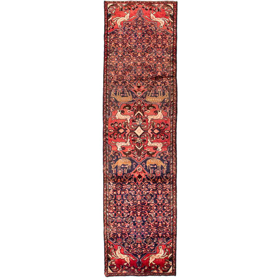 Hamadan Persian Rug 10'3" x 2'7" - Semi Antique Afshan Red, Blue Hand Knotted | front view | SKU 112659