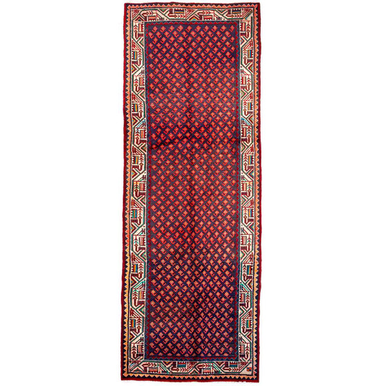 Boteh Persian Rug 10x3 ft - Semi Antique Herati (Mahi), Geometric Navy Blue, Crimson, Cream Hand Knotted | front view | SKU 112660
