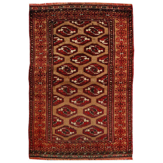 Turkmen Persian Rug 3'11" x 2'7" -  Geometric Crimson, Navy Blue Hand Knotted | front view | SKU 110120