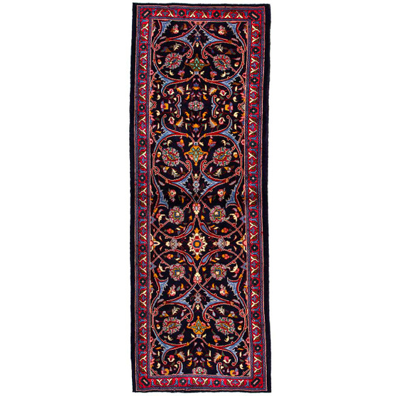 Arak Persian Rug 9x3 ft - Semi Antique Eslimi (Arabesque), Shah Abbasi Navy Blue, Madder Red, Crimson Hand Knotted | front view | SKU 112662