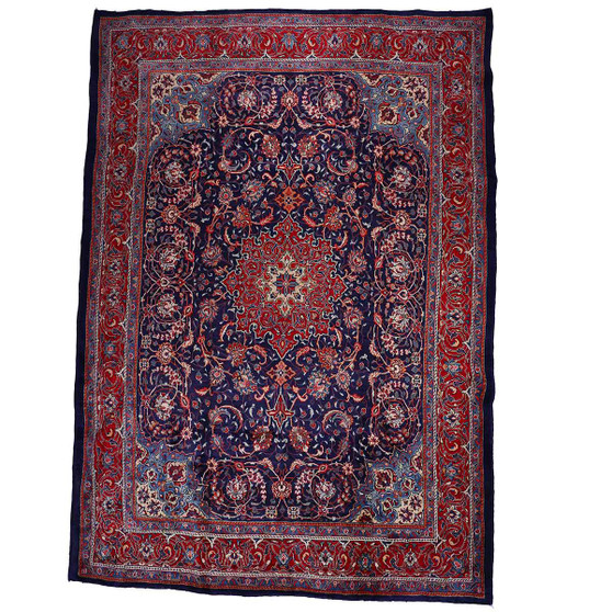 Mahal Persian Rug 13'7" x 9'5" - Semi Antique Medallion Ivory, Pink Hand Knotted | front view | SKU 112664