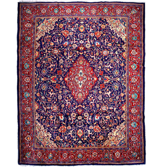 Mahal Persian Rug 12'10" x 9'6" - Semi Antique Medallion Ivory, Pink Hand Knotted | front view | SKU 112667