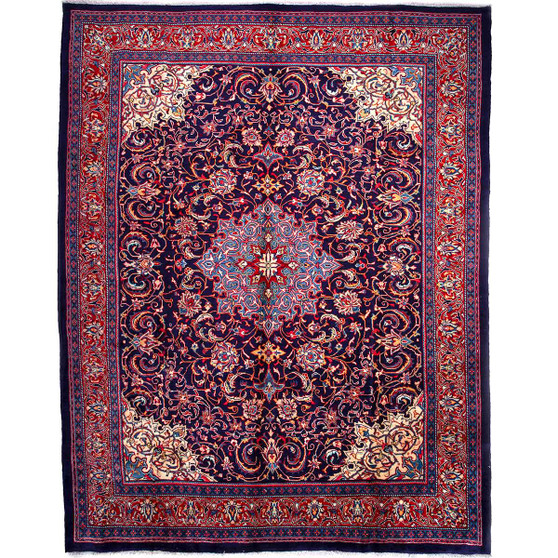 Mahal Persian Rug 12'6" x 9'5" - Semi Antique Medallion Ivory, Pink Hand Knotted | front view | SKU 112668