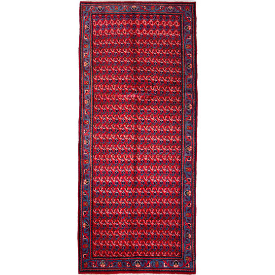 Boteh Persian Rug 8x3 ft - Semi Antique Herati (Mahi) Crimson, Navy Blue, Indigo Hand Knotted | front view | SKU 112671