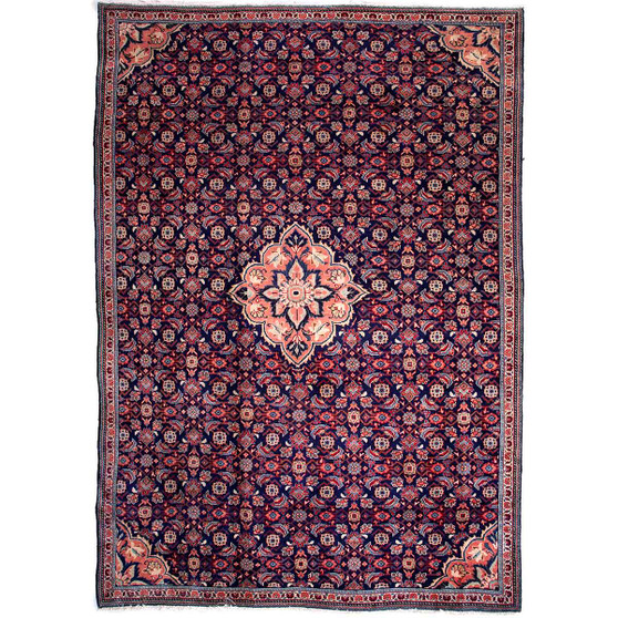 Mahal Persian Rug 10x7 ft - Semi Antique Medallion Ivory, Pink Hand Knotted | front view | SKU 112682