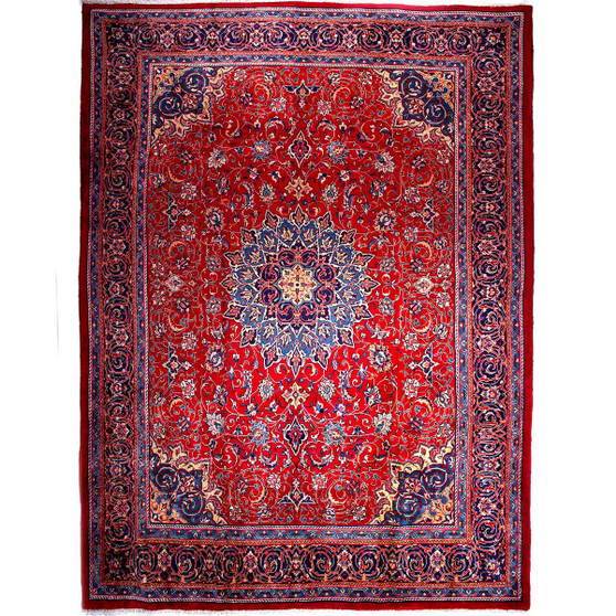 Mahal Persian Rug 13'5" x 9'10" - Semi Antique Medallion Ivory, Pink Hand Knotted | front view | SKU 112684