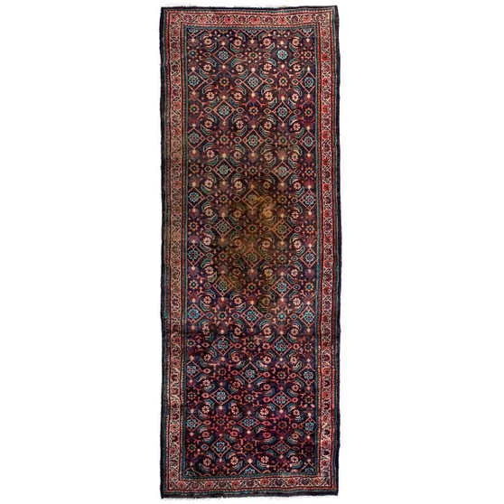 Mahal Persian Rug 10x3 ft - Semi Antique Herati (Mahi), Afshan (All-Over) Dark Red, Navy Blue, Burgundy Hand Knotted | front view | SKU 112685