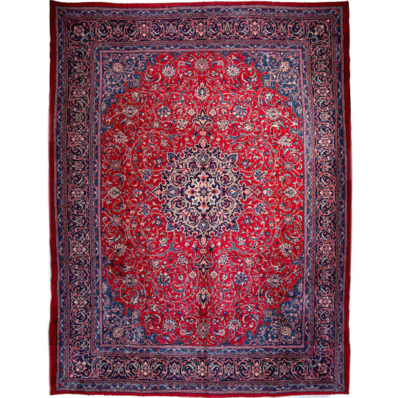 Mahal Persian Rug 14x10 ft - Antique Shah Abbasi, Medallion (Toranj) Red, Navy Blue, Ivory Hand Knotted | front view | SKU 112686