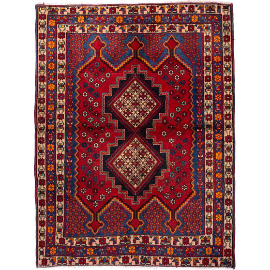 Sirjan Persian Rug 6'7" x 4'11" - Semi Antique Medallion Red, Navy Blue Hand Knotted | front view | SKU 112701