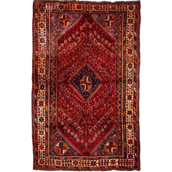 Shiraz Persian Rug 8x5 ft - Semi Antique Geometric Blue, Red Hand Knotted | front view | SKU 112705