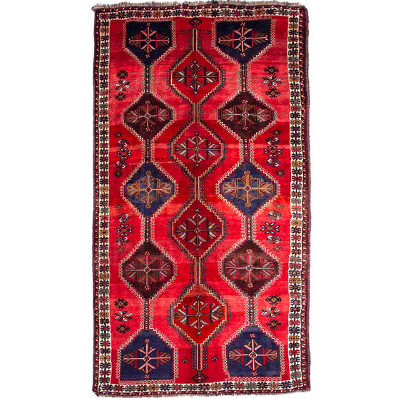 Shiraz Persian Rug 9x4 ft - Semi Antique Geometric Blue, Red Hand Knotted | front view | SKU 112707