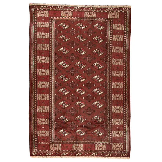 Turkmen Persian Rug 9'6" x 6'7" - Semi Antique Geometric Crimson, Navy Blue Hand Knotted | front view | SKU 110124