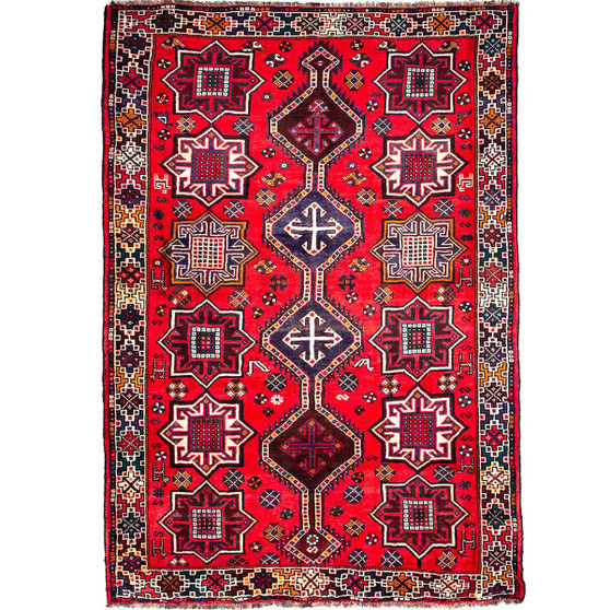 Shiraz Persian Rug 7'10" x 5'5" - Semi Antique Geometric Blue, Red Hand Knotted | front view | SKU 112708