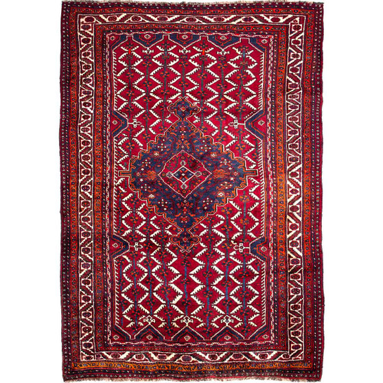 Shiraz Persian Rug 8x5 ft - Semi Antique Medallion Geometric Madder Red, Navy Blue, Cream Hand Knotted | front view | SKU 112709