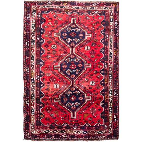 Shiraz Persian Rug 8'2" x 5'5" - Semi Antique Geometric Blue, Red Hand Knotted | front view | SKU 112711