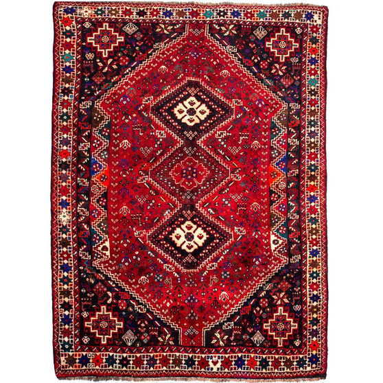 Shiraz Persian Rug 8x5 ft - Semi Antique Geometric Blue, Red Hand Knotted | front view | SKU 112715