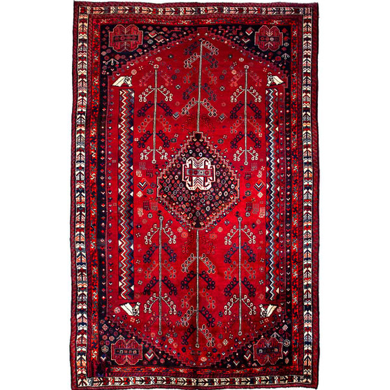 Shiraz Persian Rug 9'3" x 5'8" - Semi Antique Geometric Blue, Red Hand Knotted | front view | SKU 112716