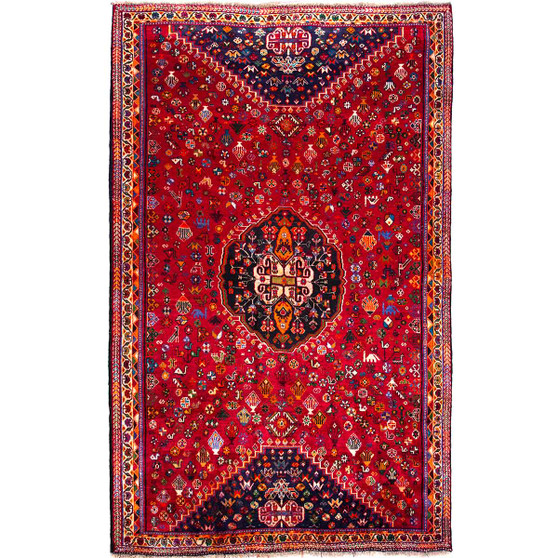Qashqai Persian Rug 8'11" x 5'9" - Semi Antique Geometric Crimson, Blue Hand Knotted | front view | SKU 112717