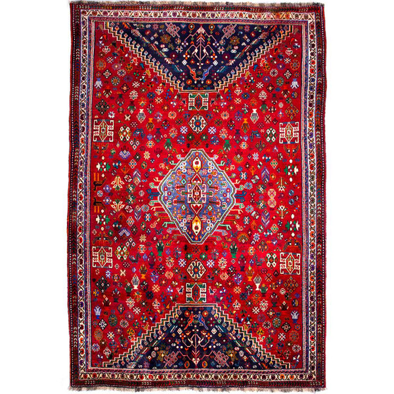 Qashqai Persian Rug 9x5 ft - Semi Antique Geometric Crimson, Blue Hand Knotted | front view | SKU 112718