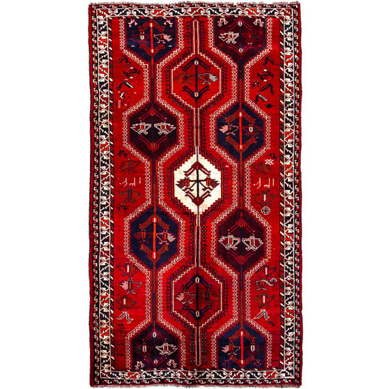 Shiraz Persian Rug 9'2" x 5'1" - Semi Antique Geometric Blue, Red Hand Knotted | front view | SKU 112719