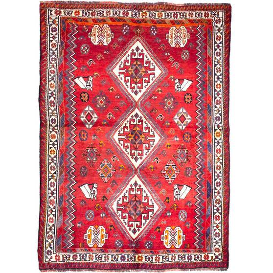 Shiraz Persian Rug 7x5 ft - Semi Antique Geometric Blue, Red Hand Knotted | front view | SKU 112720