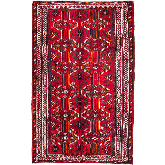 Shiraz Persian Rug 8'0" x 4'11" - Semi Antique Geometric Blue, Red Hand Knotted | front view | SKU 112721