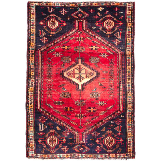 Shiraz Persian Rug 7x5 ft - Semi Antique Geometric Blue, Red Hand Knotted | front view | SKU 112722