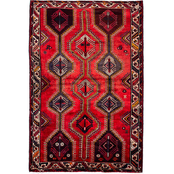 Shiraz Persian Rug 7'10" x 5'2" - Semi Antique Geometric Blue, Red Hand Knotted | front view | SKU 112724