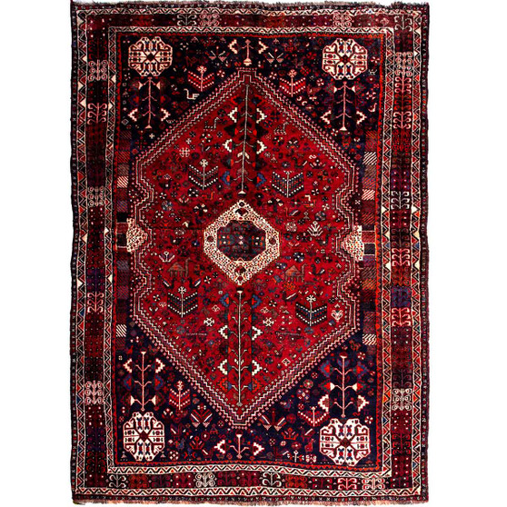 Shiraz Persian Rug 8'4" x 5'7" - Semi Antique Geometric Blue, Red Hand Knotted | front view | SKU 112725