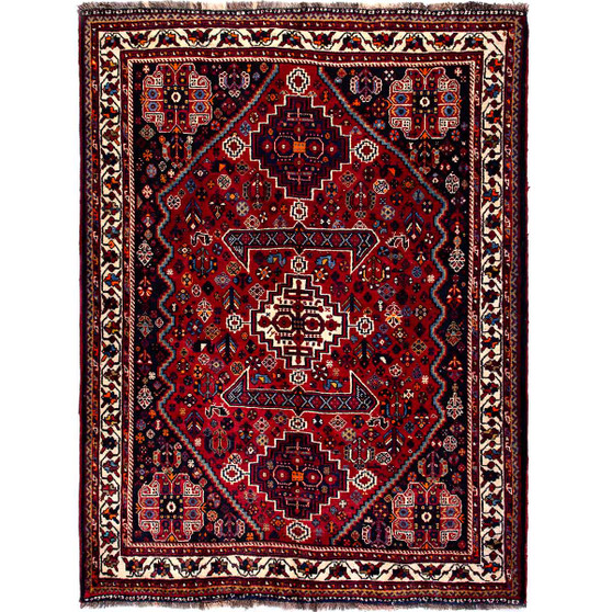 Qashqai Persian Rug 6'11" x 5'2" - Semi Antique Geometric Crimson, Blue Hand Knotted | front view | SKU 112726
