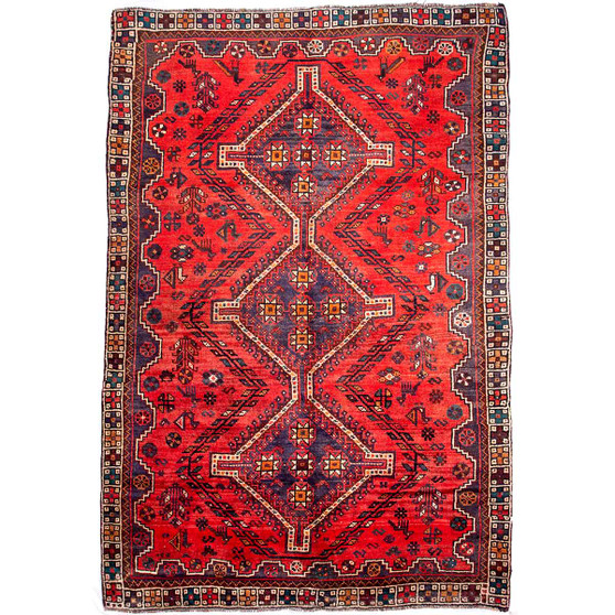 Shiraz Persian Rug 7'10" x 5'1" - Semi Antique Geometric Blue, Red Hand Knotted | front view | SKU 112727
