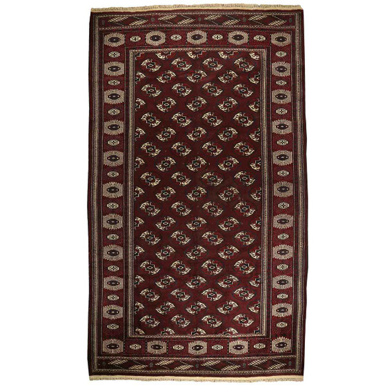 Turkmen Persian Rug 11'12" x 6'11" - Semi Antique Geometric Crimson, Navy Blue Hand Knotted | front view | SKU 110126