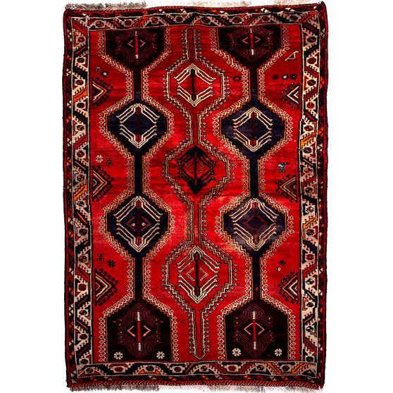 Shiraz Persian Rug 7x5 ft - Semi Antique Geometric, Gol Farang (European Floral) Red, Madder Red, Navy Blue Hand Knotted | front view | SKU 112729