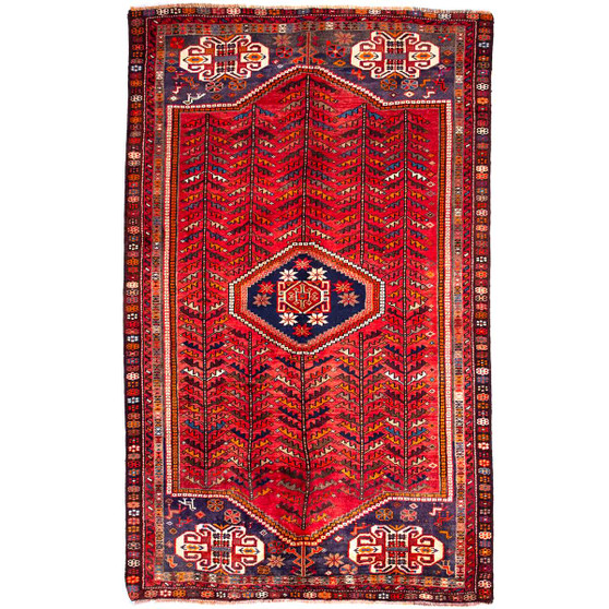 Shiraz Persian Rug 7x4 ft - Semi Antique Mihrab Prayer Geometric Madder Red, Navy Blue, Ivory Hand Knotted | front view | SKU 112730