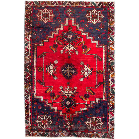 Shiraz Persian Rug 7'9" x 5'3" - Semi Antique Geometric Blue, Red Hand Knotted | front view | SKU 112731