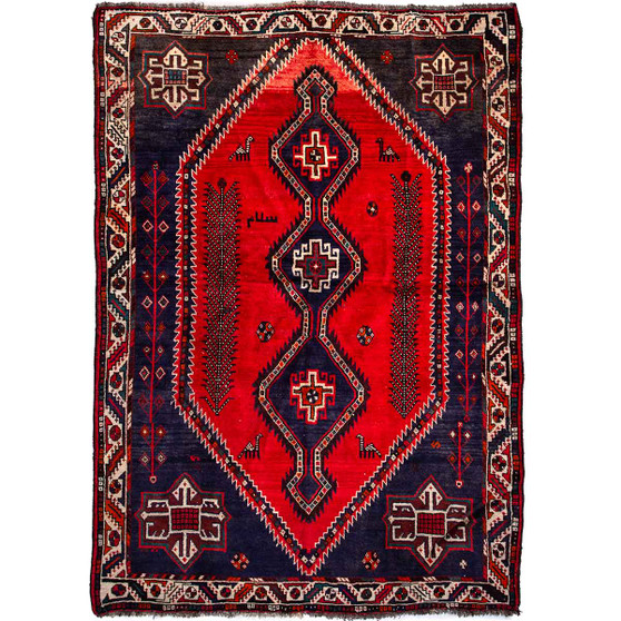 Shiraz Persian Rug 8x5 ft - Semi Antique Medallion (Toranj), Geometric Red, Navy Blue, Cream Hand Knotted | front view | SKU 112732