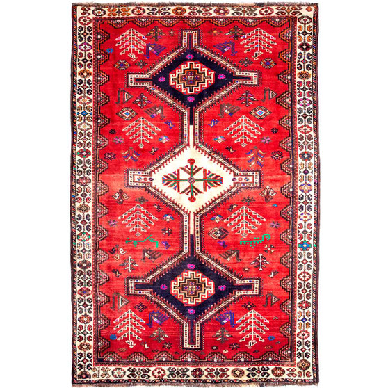 Shiraz Persian Rug 7'10" x 5'3" - Semi Antique Geometric Blue, Red Hand Knotted | front view | SKU 112733