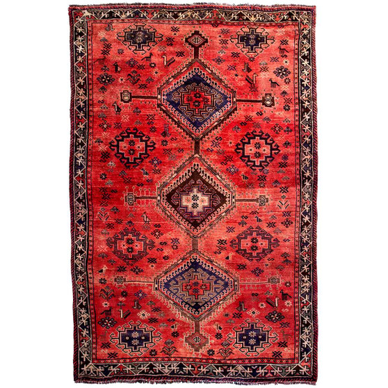 Shiraz Persian Rug 8x5 ft - Semi Antique Medallion (Toranj), Geometric Madder Red, Navy Blue, Charcoal Hand Knotted | front view | SKU 112735