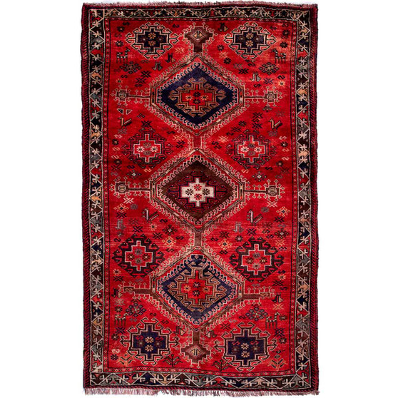 Shiraz Persian Rug 8x4 ft - Semi Antique Geometric Blue, Red Hand Knotted | front view | SKU 112736