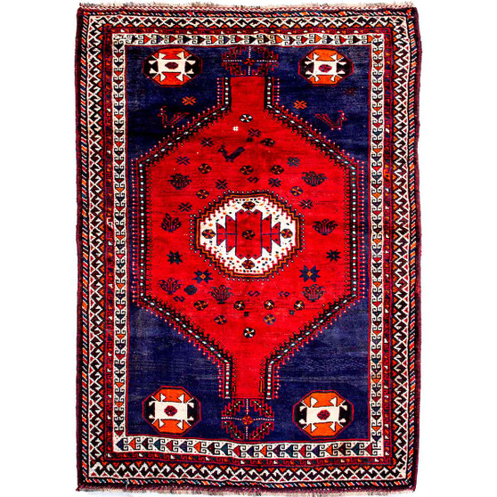 Shiraz Persian Rug 7'10" x 5'4" - Semi Antique Geometric Blue, Red Hand Knotted | front view | SKU 112737